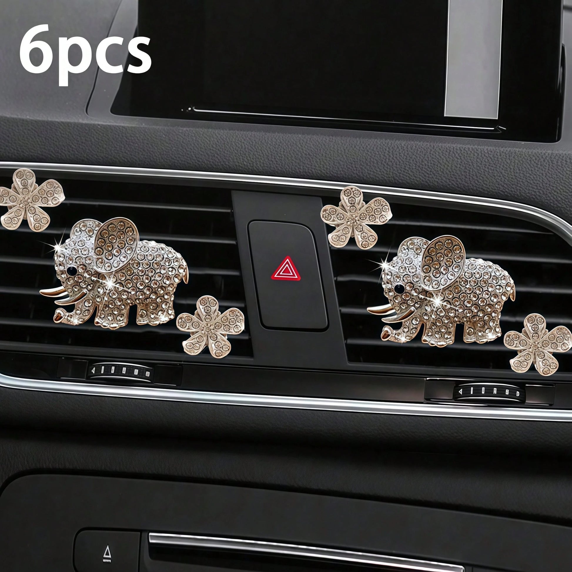 3PCS/6PCS Rhinestone Elephant Six-Petal Flower Car Air Vent Fragrance Clip, Car Interior Decoration Set, Sparkling Scented Accessory