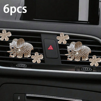 3PCS/6PCS Rhinestone Elephant Six-Petal Flower Car Air Vent Fragrance Clip, Car Interior Decoration Set, Sparkling Scented Accessory