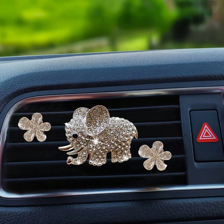 3PCS/6PCS Rhinestone Elephant Six-Petal Flower Car Air Vent Fragrance Clip, Car Interior Decoration Set, Sparkling Scented Accessory
