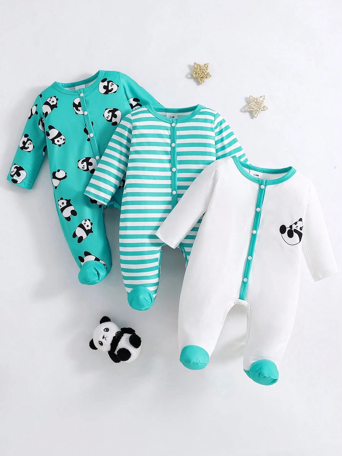 3pcs Baby Boy Cute Cartoon Panda & Striped Print Long Sleeve Footie Jumpsuit, Suitable For All Seasons