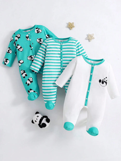 3pcs Baby Boy Cute Cartoon Panda & Striped Print Long Sleeve Footie Jumpsuit, Suitable For All Seasons