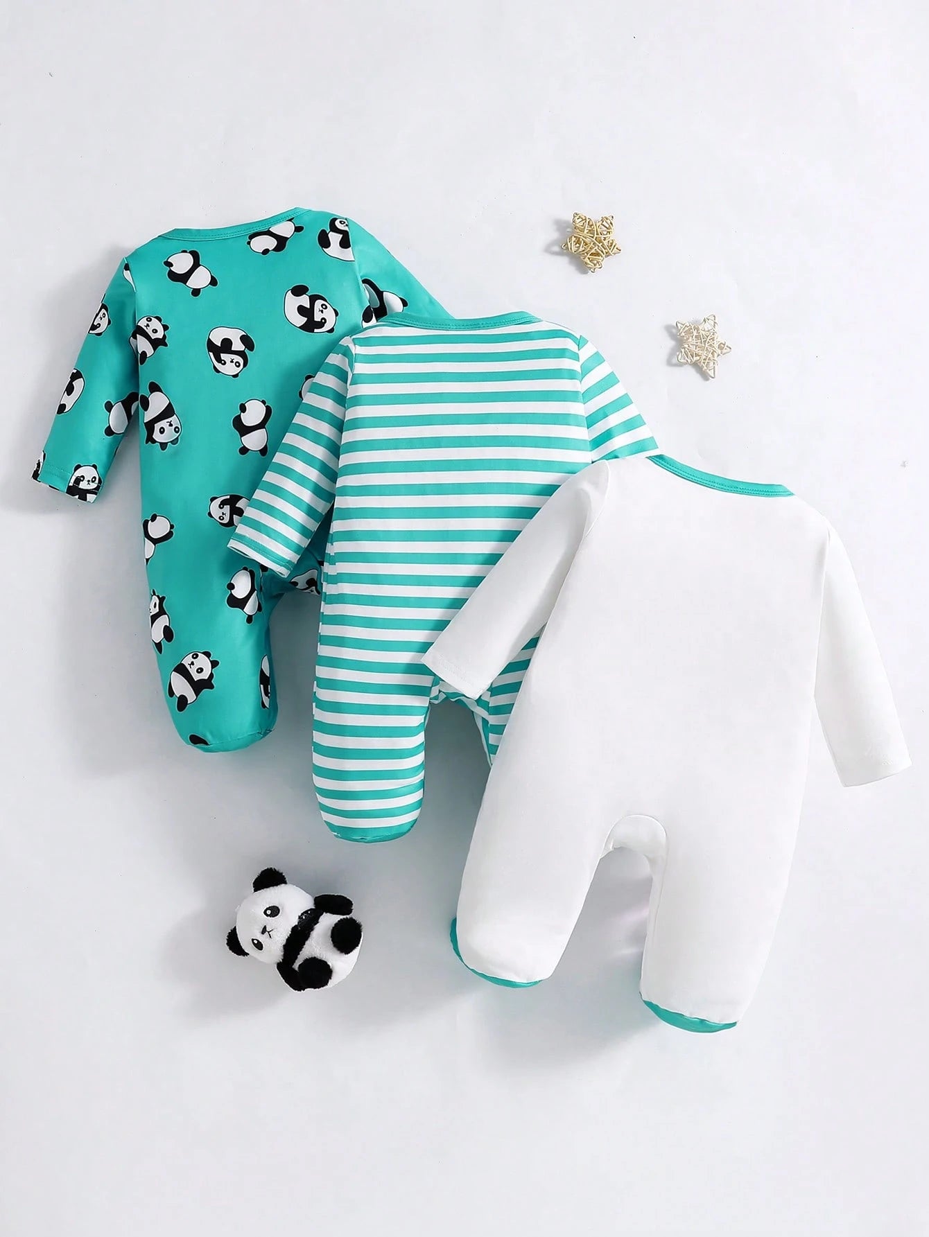3pcs Baby Boy Cute Cartoon Panda & Striped Print Long Sleeve Footie Jumpsuit, Suitable For All Seasons