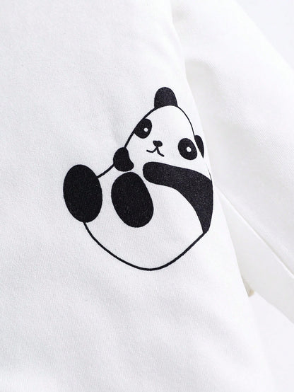 3pcs Baby Boy Cute Cartoon Panda & Striped Print Long Sleeve Footie Jumpsuit, Suitable For All Seasons