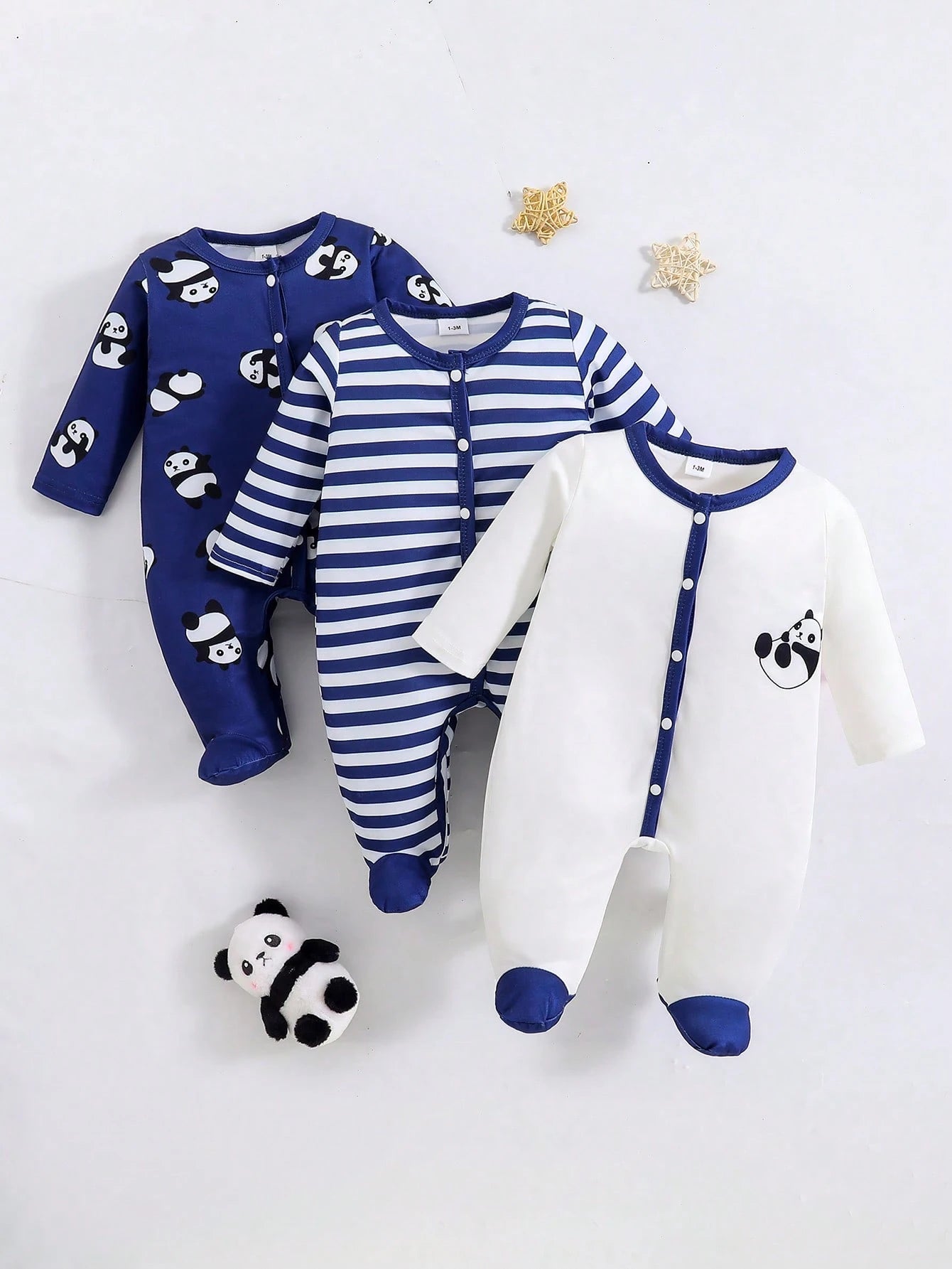 3pcs Baby Boy Cute Cartoon Panda & Striped Print Long Sleeve Footie Jumpsuit, Suitable For All Seasons