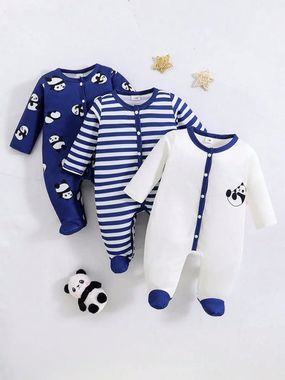 3pcs Baby Boy Cute Cartoon Panda & Striped Print Long Sleeve Footie Jumpsuit, Suitable For All Seasons