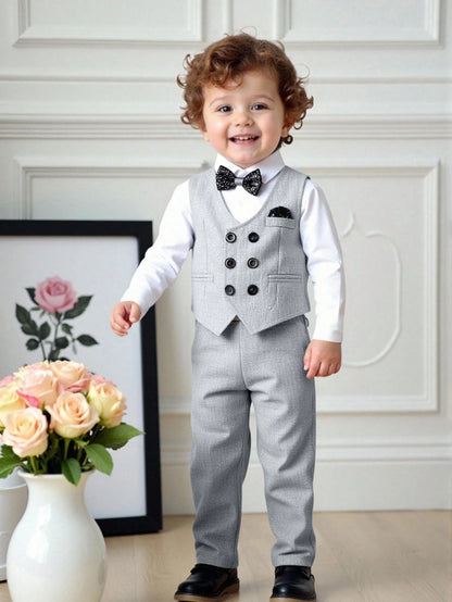 3pcs Baby Boy Formal Gentleman Outfit Set,White Long Sleeve Shirt With Bow Tie,Double-Breasted Vest,Elastic Waist Pocketed Pants Wedding Guest