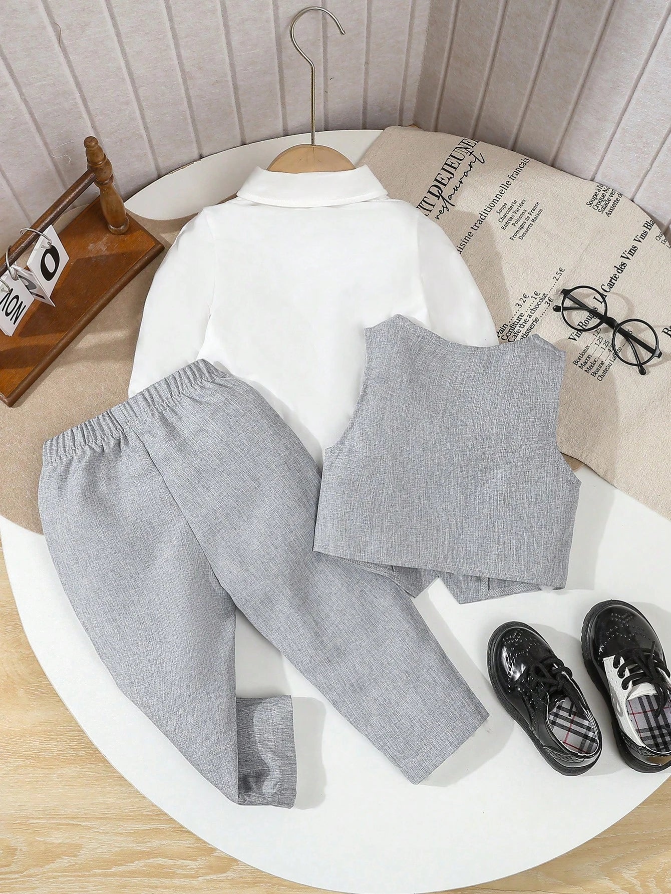 3pcs Baby Boy Formal Gentleman Outfit Set,White Long Sleeve Shirt With Bow Tie,Double-Breasted Vest,Elastic Waist Pocketed Pants Wedding Guest