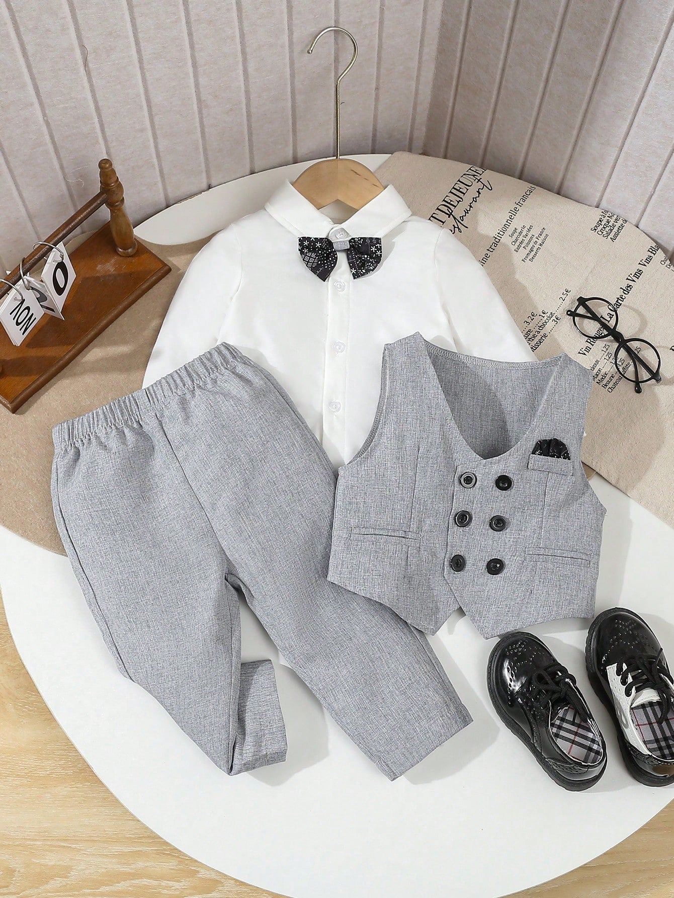3pcs Baby Boy Formal Gentleman Outfit Set,White Long Sleeve Shirt With Bow Tie,Double-Breasted Vest,Elastic Waist Pocketed Pants Wedding Guest