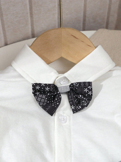 3pcs Baby Boy Formal Gentleman Outfit Set,White Long Sleeve Shirt With Bow Tie,Double-Breasted Vest,Elastic Waist Pocketed Pants Wedding Guest