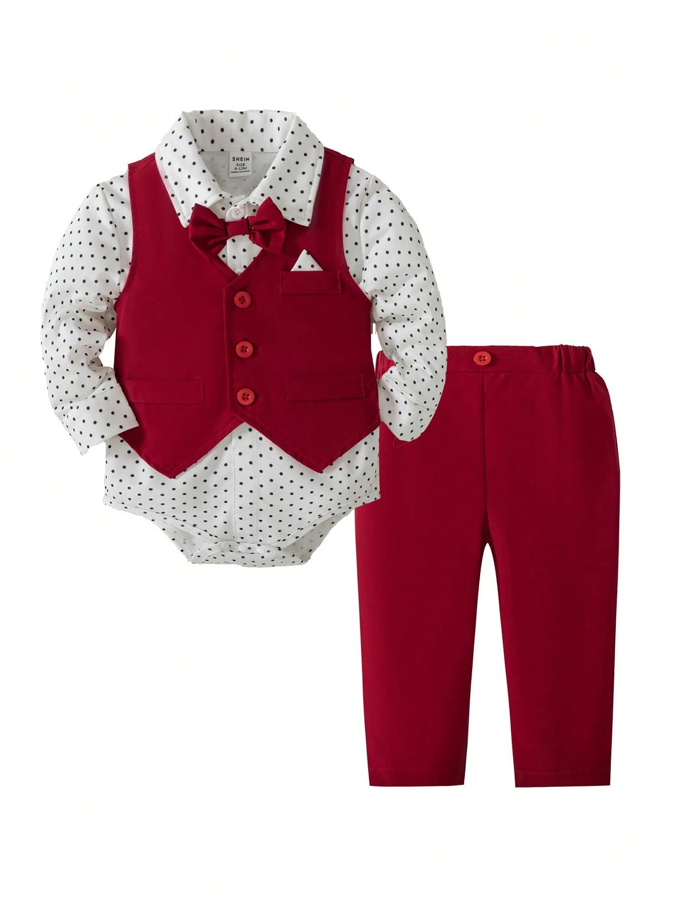 3pcs Baby Boy Gentleman Outfit Set:Red Vest,Red And White Polka Dot Long Sleeve Bowknot Romper,Casual Pants,Cute Summer Wedding Suit Birthday Party