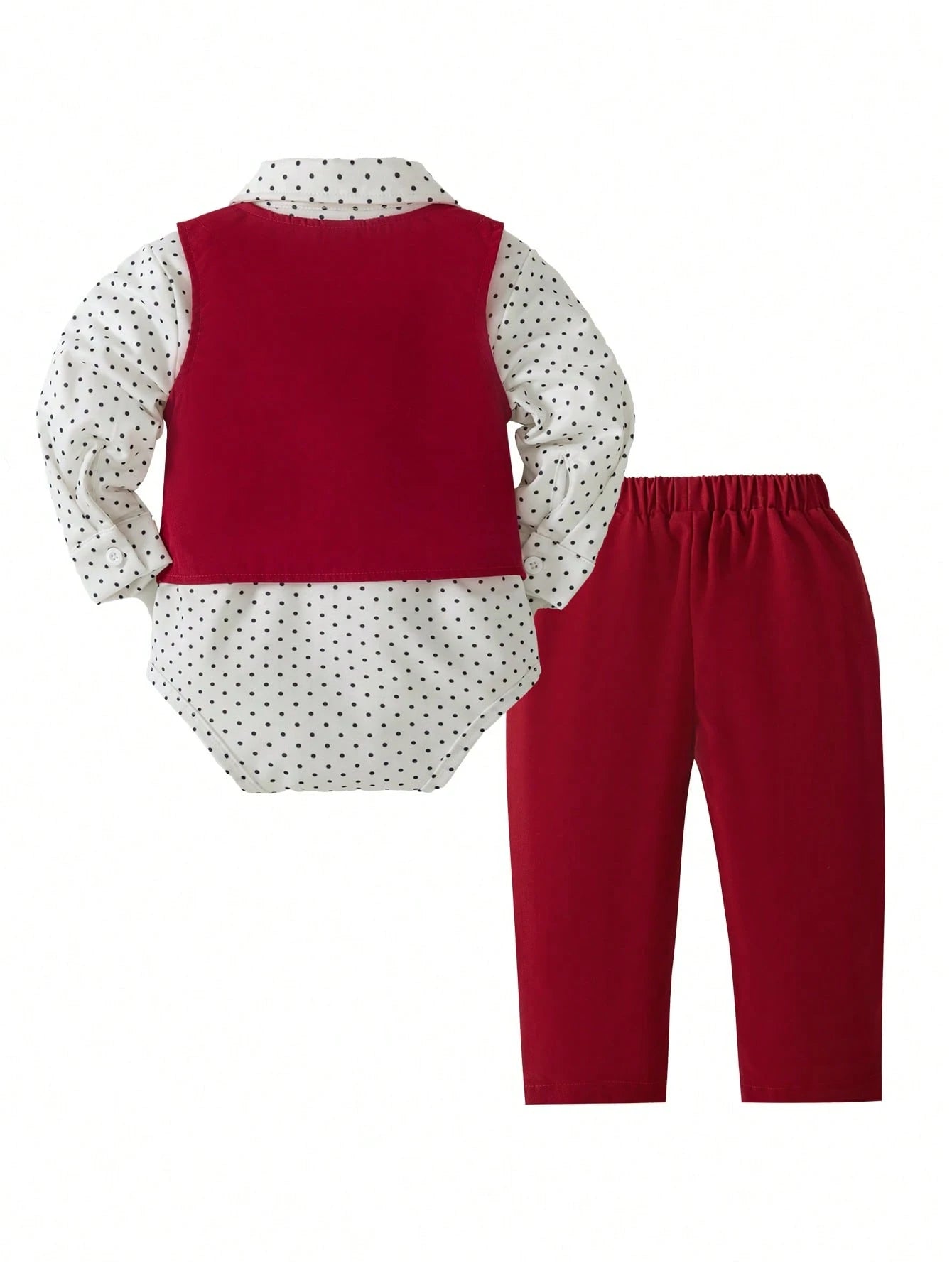 3pcs Baby Boy Gentleman Outfit Set:Red Vest,Red And White Polka Dot Long Sleeve Bowknot Romper,Casual Pants,Cute Summer Wedding Suit Birthday Party