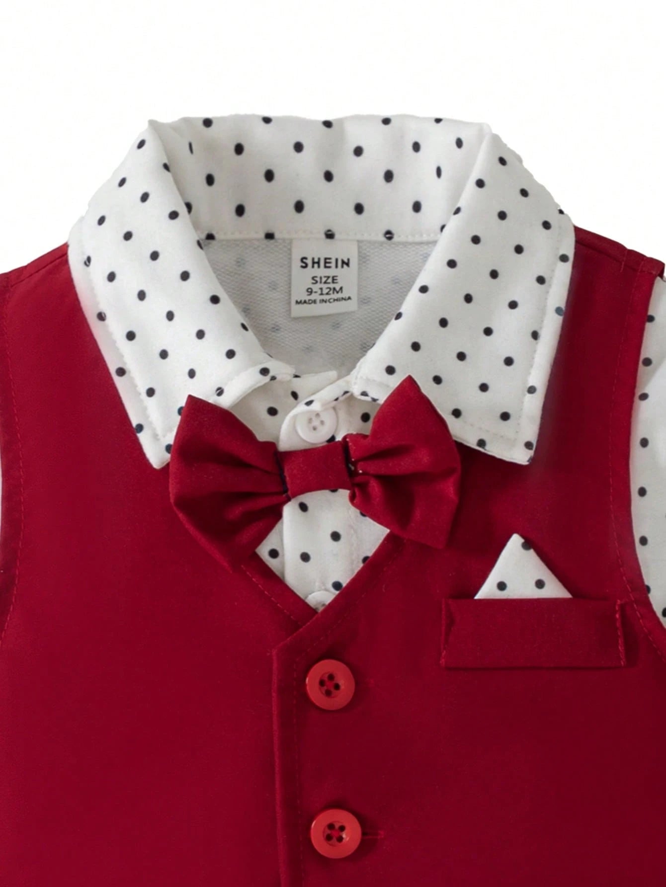 3pcs Baby Boy Gentleman Outfit Set:Red Vest,Red And White Polka Dot Long Sleeve Bowknot Romper,Casual Pants,Cute Summer Wedding Suit Birthday Party