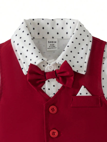 3pcs Baby Boy Gentleman Outfit Set:Red Vest,Red And White Polka Dot Long Sleeve Bowknot Romper,Casual Pants,Cute Summer Wedding Suit Birthday Party