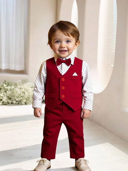 3pcs Baby Boy Gentleman Outfit Set:Red Vest,Red And White Polka Dot Long Sleeve Bowknot Romper,Casual Pants,Cute Summer Wedding Suit Birthday Party