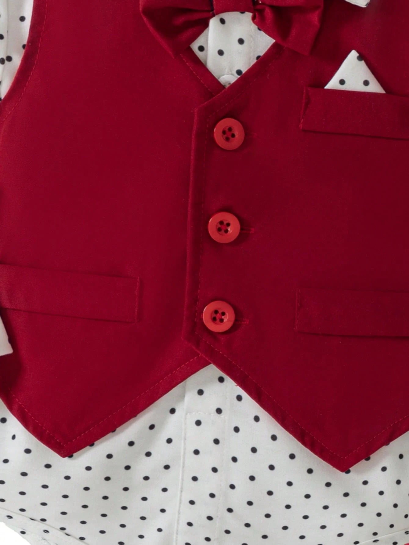 3pcs Baby Boy Gentleman Outfit Set:Red Vest,Red And White Polka Dot Long Sleeve Bowknot Romper,Casual Pants,Cute Summer Wedding Suit Birthday Party