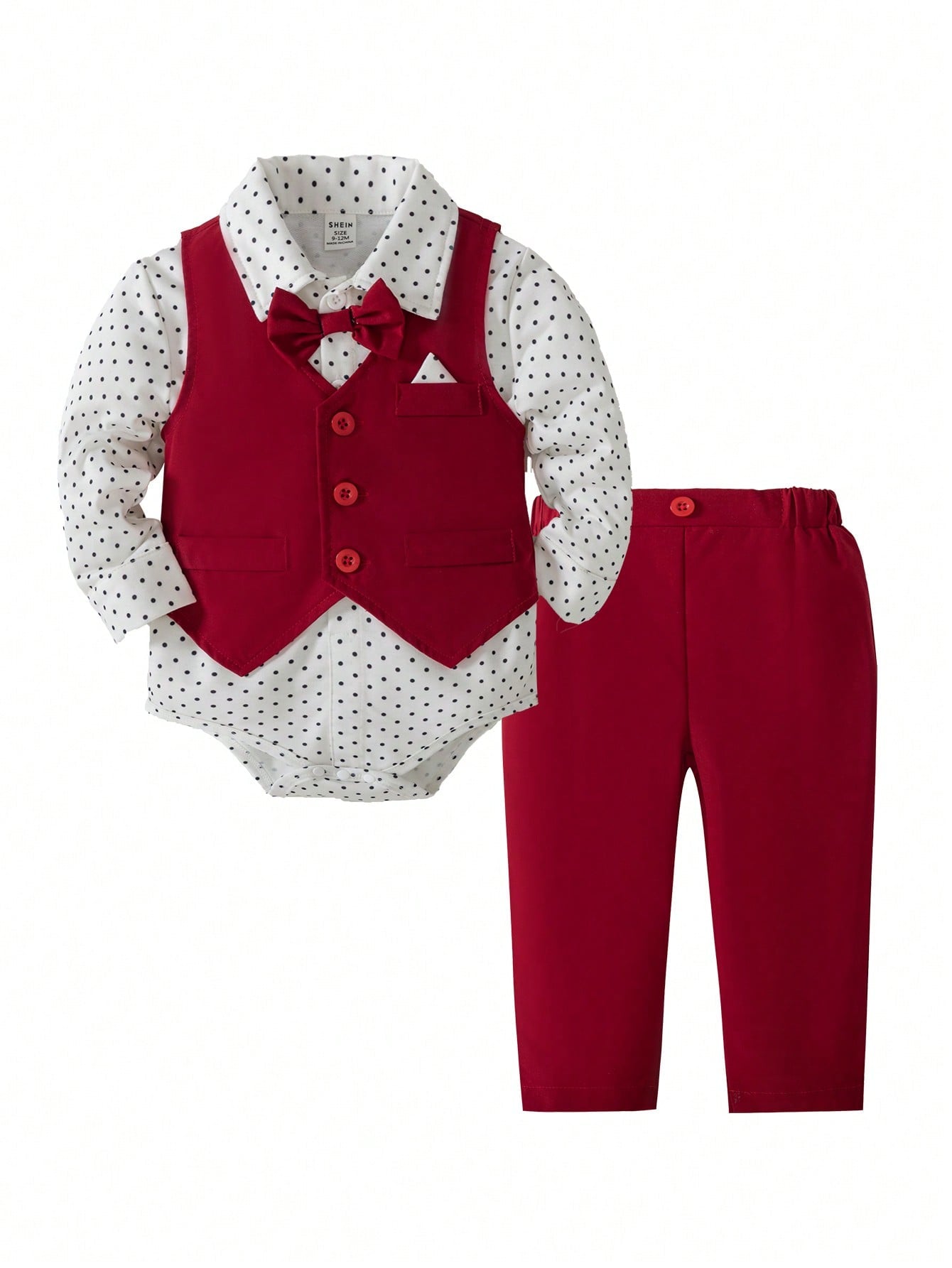3pcs Baby Boy Gentleman Outfit Set:Red Vest,Red And White Polka Dot Long Sleeve Bowknot Romper,Casual Pants,Cute Summer Wedding Suit Birthday Party
