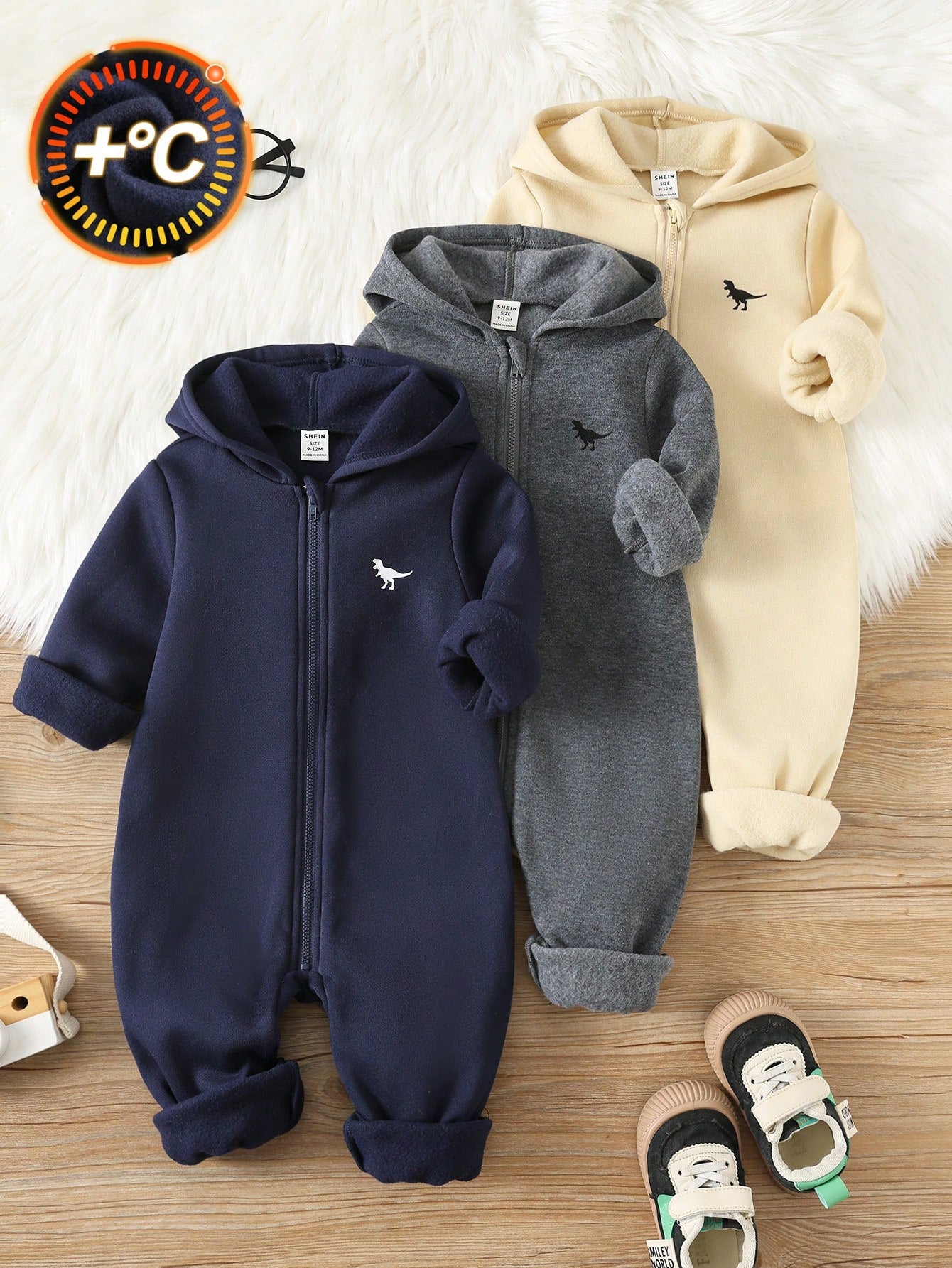 3pcs Baby Boy/Girl Grey Navy Blue Winter Jumpsuit Set,Brushed Thick Knit Hooded Long Sleeve Modest Home Wear,Dinosaur Print Loose Soft Jumpsuits