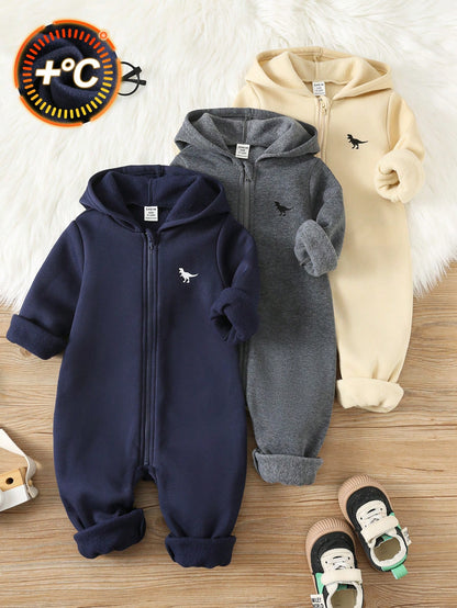 3pcs Baby Boy/Girl Grey Navy Blue Winter Jumpsuit Set,Brushed Thick Knit Hooded Long Sleeve Modest Home Wear,Dinosaur Print Loose Soft Jumpsuits