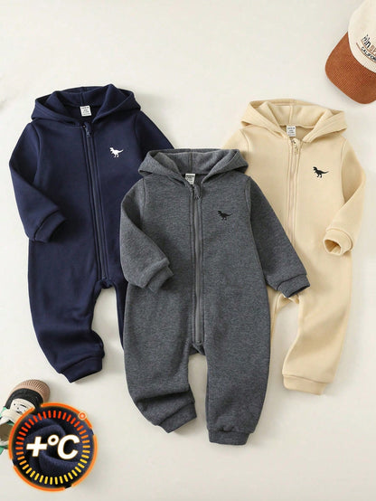 3pcs Baby Boy/Girl Grey Navy Blue Winter Jumpsuit Set,Brushed Thick Knit Hooded Long Sleeve Modest Home Wear,Dinosaur Print Loose Soft Jumpsuits