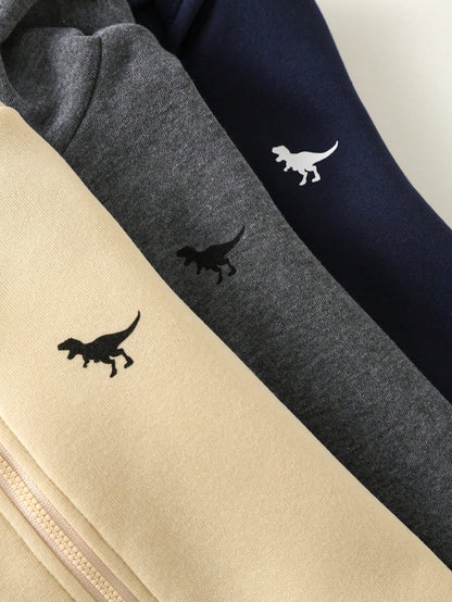 3pcs Baby Boy/Girl Grey Navy Blue Winter Jumpsuit Set,Brushed Thick Knit Hooded Long Sleeve Modest Home Wear,Dinosaur Print Loose Soft Jumpsuits