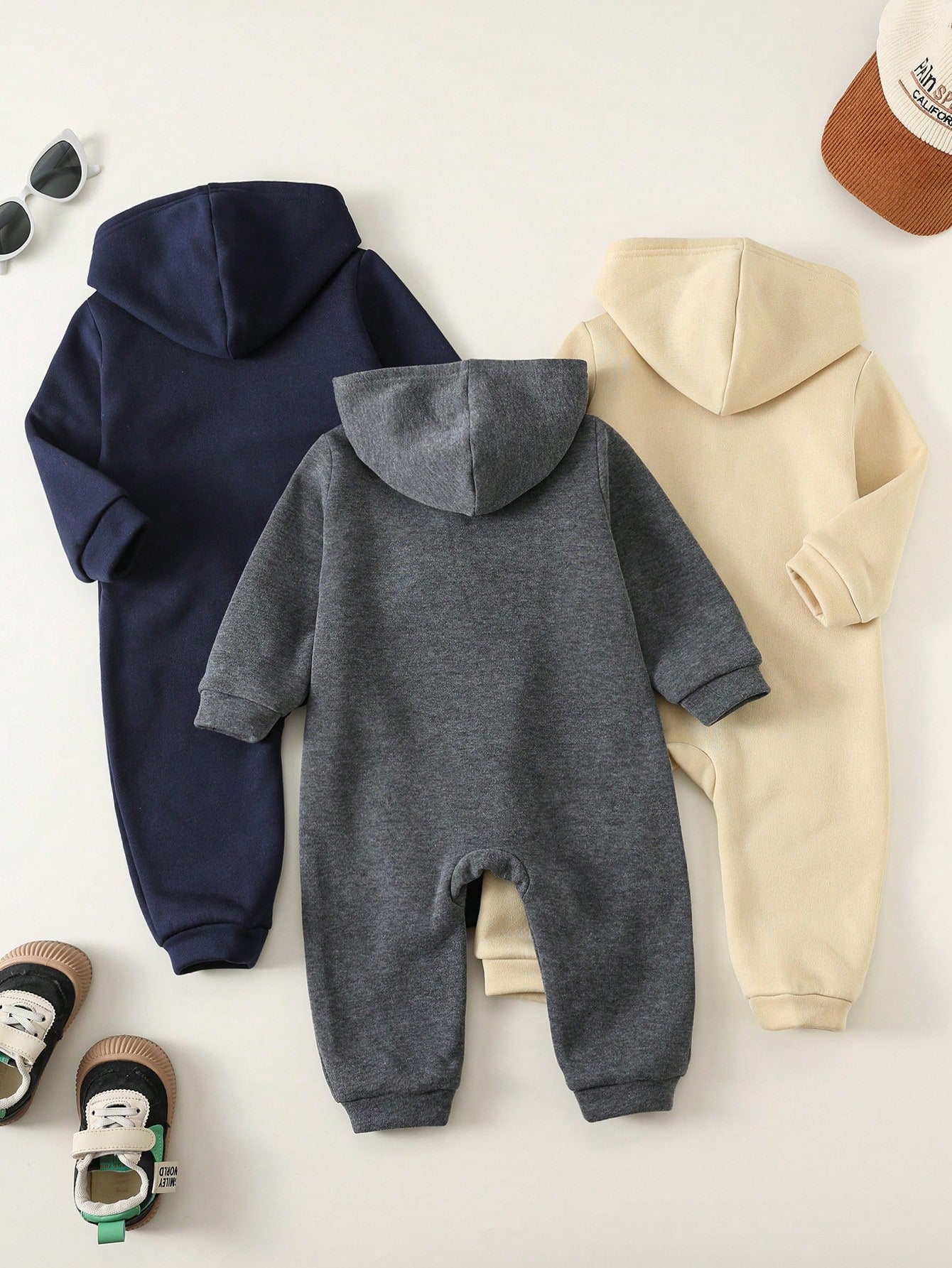 3pcs Baby Boy/Girl Grey Navy Blue Winter Jumpsuit Set,Brushed Thick Knit Hooded Long Sleeve Modest Home Wear,Dinosaur Print Loose Soft Jumpsuits