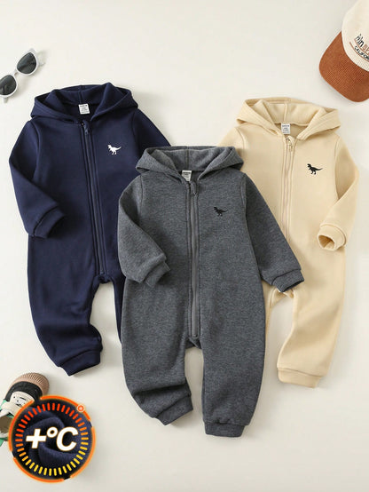 3pcs Baby Boy/Girl Grey Navy Blue Winter Jumpsuit Set,Brushed Thick Knit Hooded Long Sleeve Modest Home Wear,Dinosaur Print Loose Soft Jumpsuits