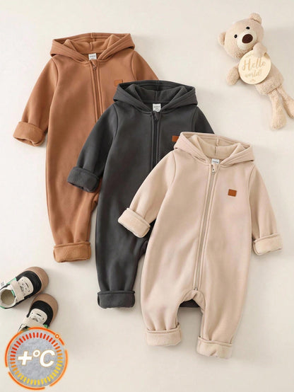 3pcs Baby Boy/Girl Grey Navy Blue Winter Jumpsuit Set,Brushed Thick Knit Hooded Long Sleeve Modest Home Wear,Dinosaur Print Loose Soft Jumpsuits