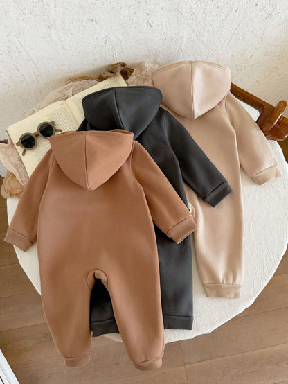3pcs Baby Boy/Girl Grey Navy Blue Winter Jumpsuit Set,Brushed Thick Knit Hooded Long Sleeve Modest Home Wear,Dinosaur Print Loose Soft Jumpsuits