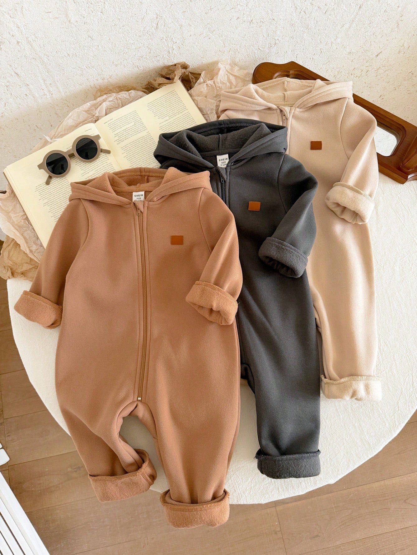 3pcs Baby Boy/Girl Grey Navy Blue Winter Jumpsuit Set,Brushed Thick Knit Hooded Long Sleeve Modest Home Wear,Dinosaur Print Loose Soft Jumpsuits