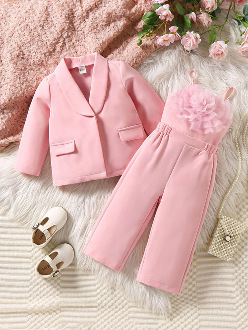 3pcs Baby Girl Party Outfit Set: Solid Color Mandarin Collar Blazer, Mesh Floral Decor Camisole, And Elastic Waist Wide Leg Pants, Suitable For Spring And Autumn,Wedding, Party,Prom, Birthday,Ha