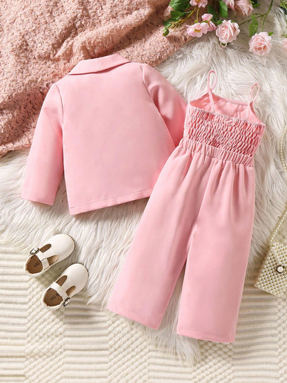 3pcs Baby Girl Party Outfit Set: Solid Color Mandarin Collar Blazer, Mesh Floral Decor Camisole, And Elastic Waist Wide Leg Pants, Suitable For Spring And Autumn,Wedding, Party,Prom, Birthday,Ha