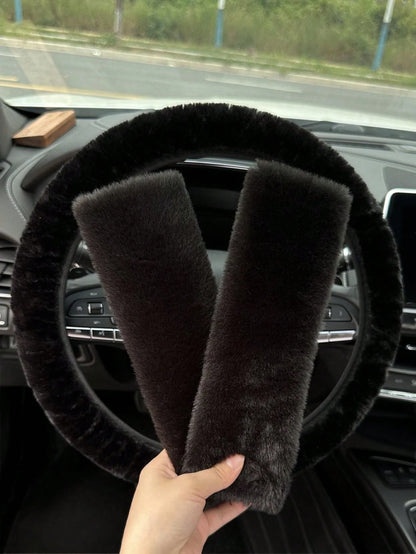 3pcs Car Plush Steering Wheel Cover And Shoulder Protection Cover Three Pieces Set Combination Suitable For Use In Spring, Autumn And Winter,Car Stuff For Woman,Pink Car Stuff