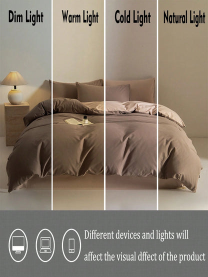 3pcs Coffee-Color Super Soft Reversible Duvet Cover Set, 1 Duvet Cover, 2 Pillow Shams, No Filler, Machine Washable