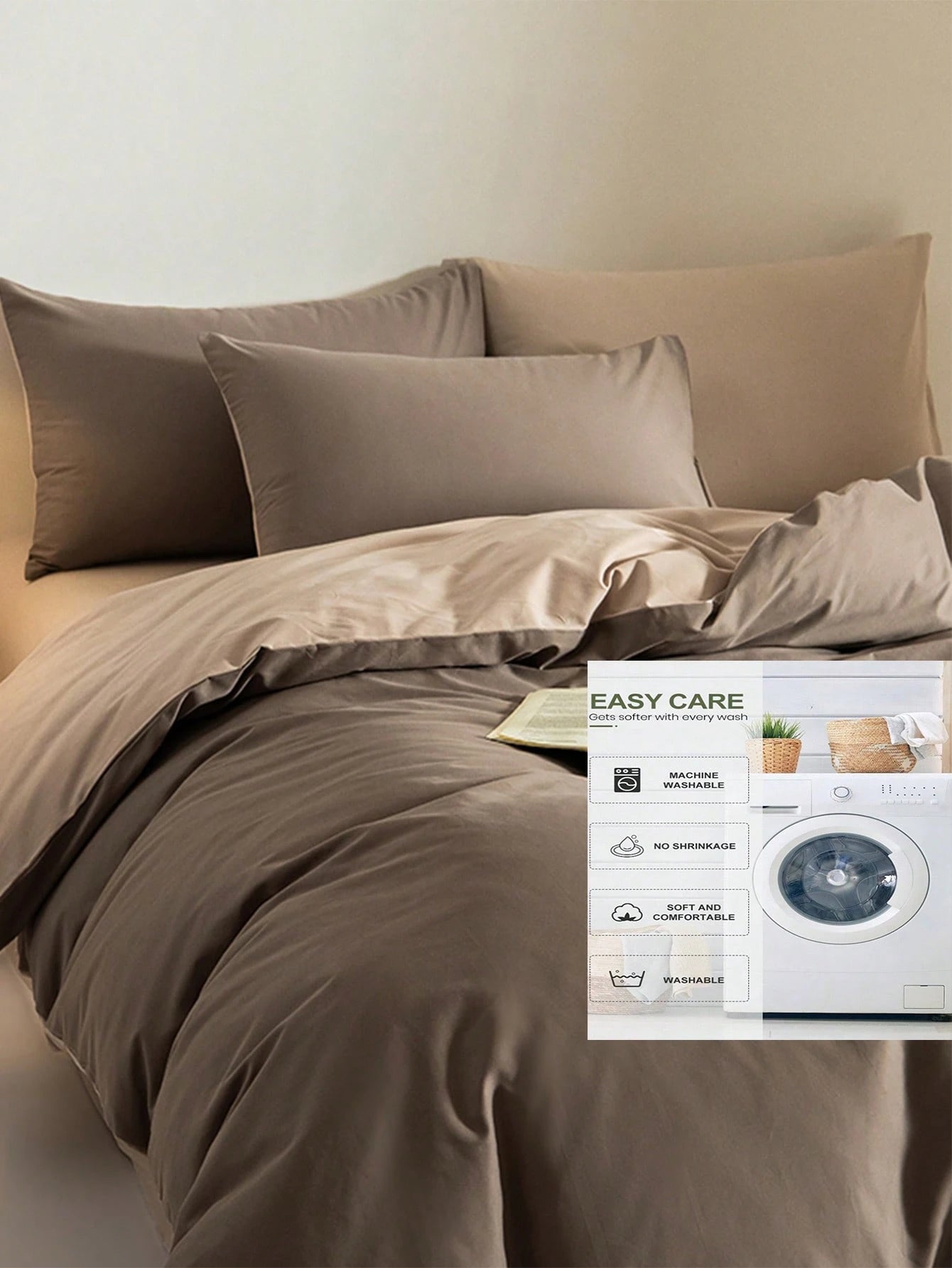 3pcs Coffee-Color Super Soft Reversible Duvet Cover Set, 1 Duvet Cover, 2 Pillow Shams, No Filler, Machine Washable