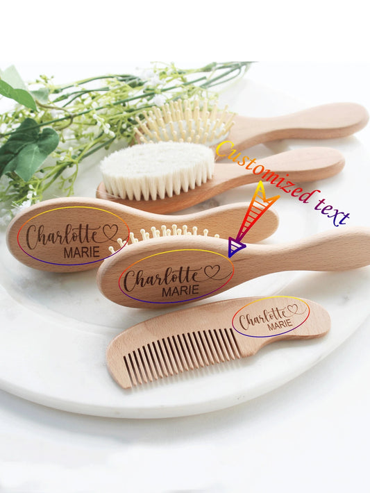 3pcs Custom Text Wood Baby Hair Brush Gift Set, Baby Bath Gifts With Name Customized Baby Brush Comb, Baby Memorial Gifts Back To School,Multi-Functional,Ornamental,Letter,Stylish,Modern,Colorful,Cute