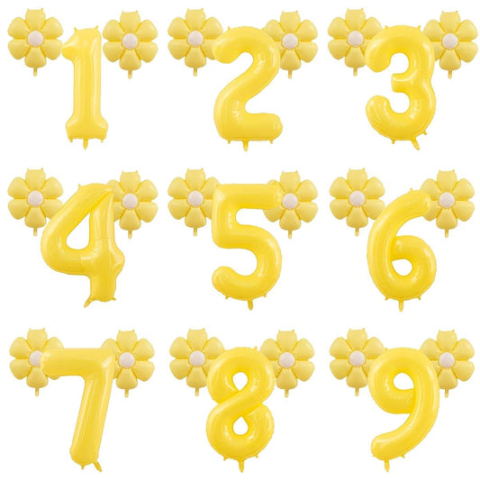 3pcs Giant 40 Inch Lemon Yellow Number Balloon Set, Includes 18 Inch Fresh Daisy Balloons, Suitable For Birthday Party Decoration, Summer Events, Baby Shower And Banquet- Birthday Party Gathering Dec