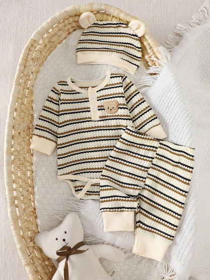 3pcs Newborn Baby Boy Black And White Striped Long Sleeved Jumpsuit Pants Hat Set Autumn Cute Teddy Bear Open Chest Romper Family Matching Outfit