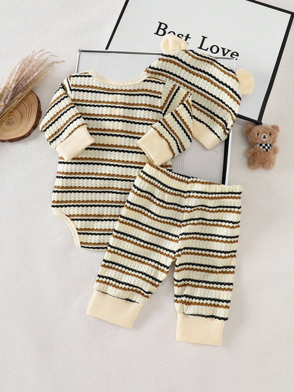 3pcs Newborn Baby Boy Black And White Striped Long Sleeved Jumpsuit Pants Hat Set Autumn Cute Teddy Bear Open Chest Romper Family Matching Outfit