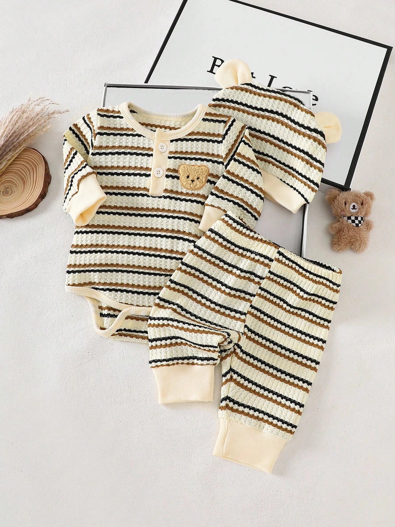 3pcs Newborn Baby Boy Black And White Striped Long Sleeved Jumpsuit Pants Hat Set Autumn Cute Teddy Bear Open Chest Romper Family Matching Outfit