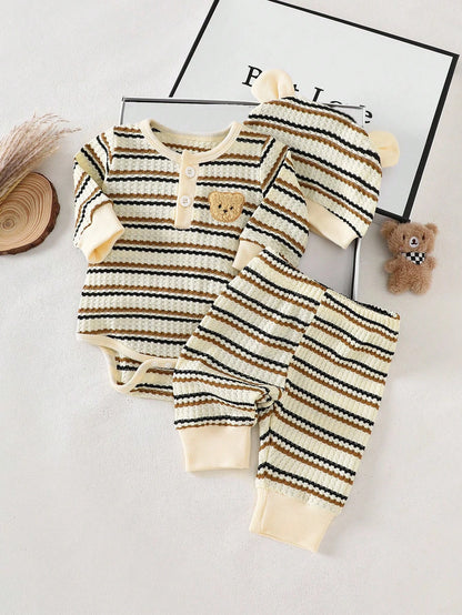 3pcs Newborn Baby Boy Black And White Striped Long Sleeved Jumpsuit Pants Hat Set Autumn Cute Teddy Bear Open Chest Romper Family Matching Outfit