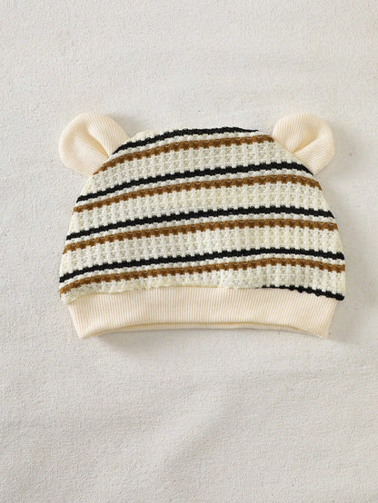 3pcs Newborn Baby Boy Black And White Striped Long Sleeved Jumpsuit Pants Hat Set Autumn Cute Teddy Bear Open Chest Romper Family Matching Outfit