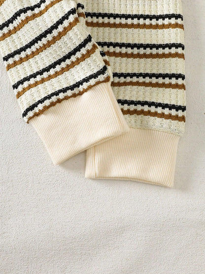 3pcs Newborn Baby Boy Black And White Striped Long Sleeved Jumpsuit Pants Hat Set Autumn Cute Teddy Bear Open Chest Romper Family Matching Outfit