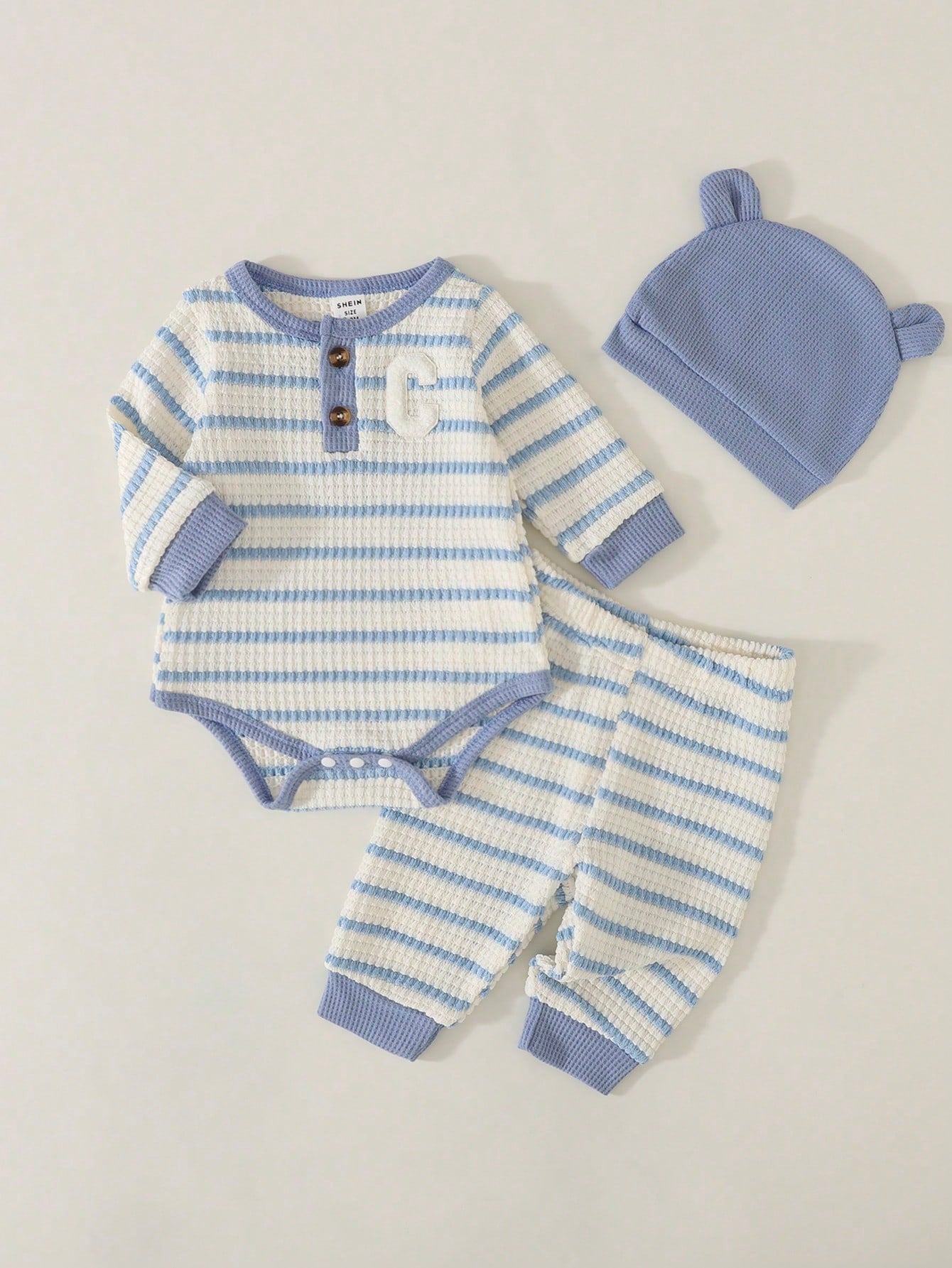 3pcs Newborn Baby Boy Black And White Striped Long Sleeved Jumpsuit Pants Hat Set Autumn Cute Teddy Bear Open Chest Romper Family Matching Outfit