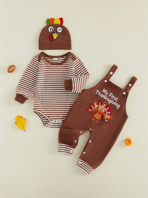 3Pcs Newborn Baby Boys Thanksgiving Outfits Set Long Sleeve Romper Tops + Turkey Suspender Pants + Hat 3M 6M 9M 12M 18M Infant Fall Overalls Clothes