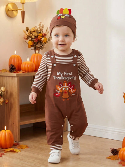 3Pcs Newborn Baby Boys Thanksgiving Outfits Set Long Sleeve Romper Tops + Turkey Suspender Pants + Hat 3M 6M 9M 12M 18M Infant Fall Overalls Clothes