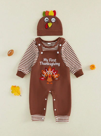 3Pcs Newborn Baby Boys Thanksgiving Outfits Set Long Sleeve Romper Tops + Turkey Suspender Pants + Hat 3M 6M 9M 12M 18M Infant Fall Overalls Clothes