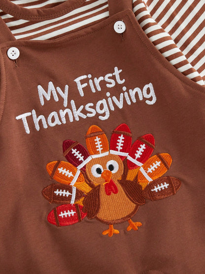3Pcs Newborn Baby Boys Thanksgiving Outfits Set Long Sleeve Romper Tops + Turkey Suspender Pants + Hat 3M 6M 9M 12M 18M Infant Fall Overalls Clothes
