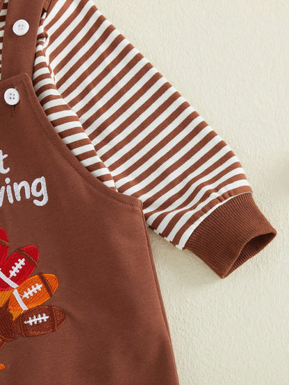 3Pcs Newborn Baby Boys Thanksgiving Outfits Set Long Sleeve Romper Tops + Turkey Suspender Pants + Hat 3M 6M 9M 12M 18M Infant Fall Overalls Clothes