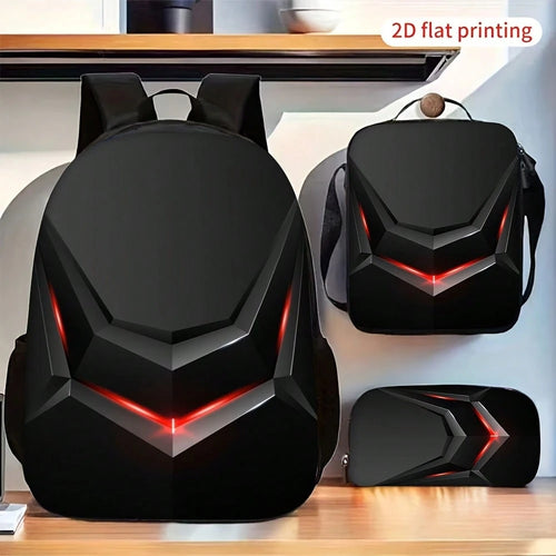 3pcs Red Light Mecha Backpack Set, Large Capacity Bookbag With Crossbody Bag & Pencil Case, Cool Robot Style School Travel Bag