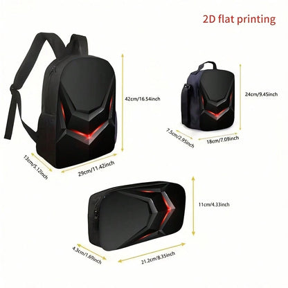 3pcs Red Light Mecha Backpack Set, Large Capacity Bookbag With Crossbody Bag & Pencil Case, Cool Robot Style School Travel Bag